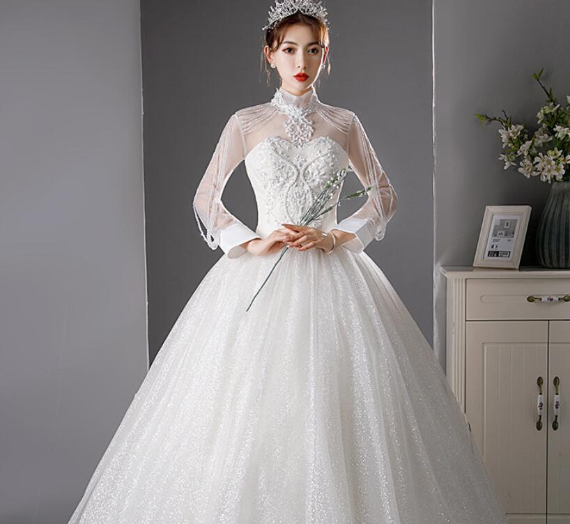 wedding dress long sleeve princess dress lace satin with trailing