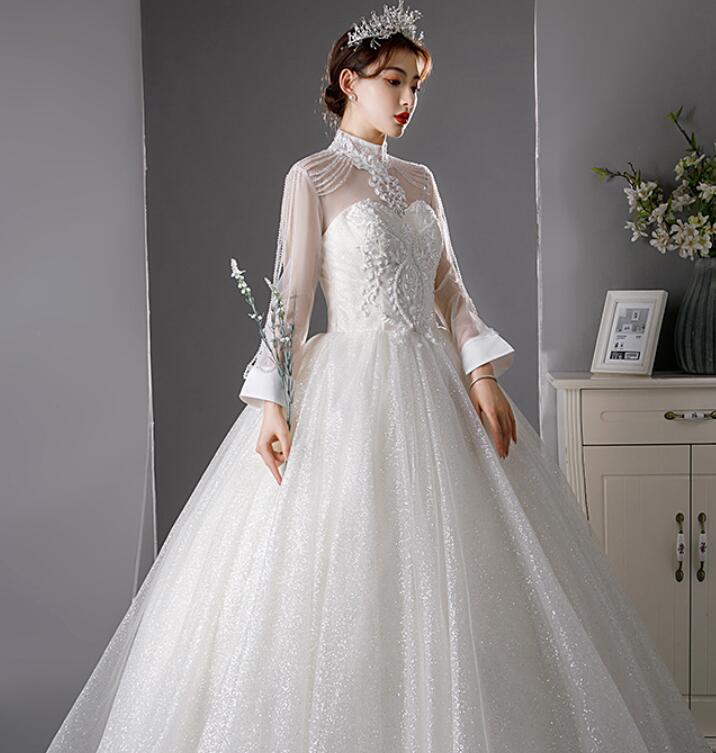 wedding dress long sleeve princess dress lace satin with trailing