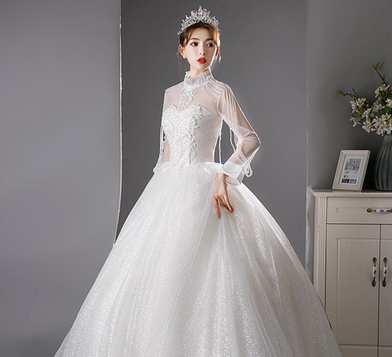 wedding dress long sleeve princess dress lace satin with trailing