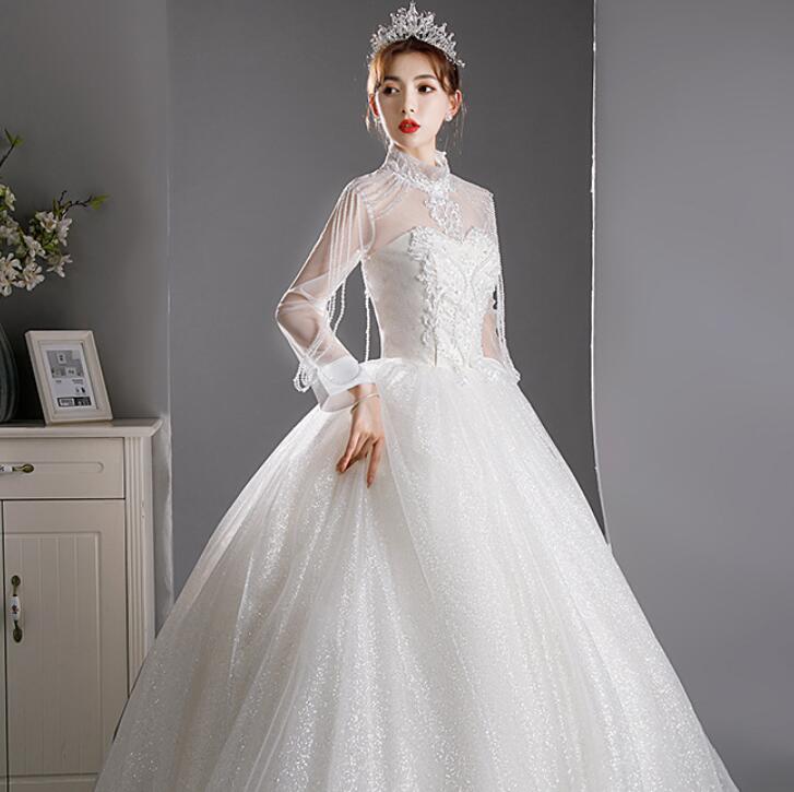 wedding dress long sleeve princess dress lace satin with trailing