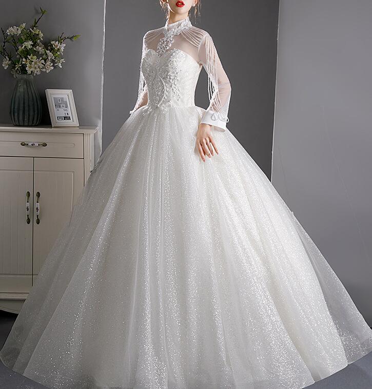 wedding dress long sleeve princess dress lace satin with trailing