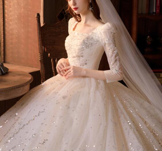 Wedding dress evening dress  long sleeve Korean light gauze spring/summer princess Fengsen large size slimming drag dress