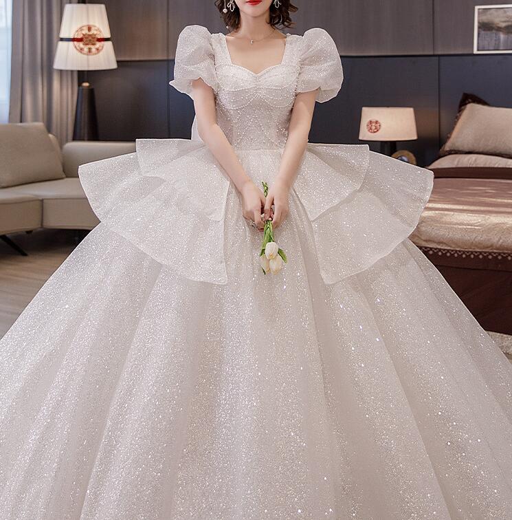 Wedding dress evening dress  bride long sleeves big tail princess wind small cover arm wedding dress women spring