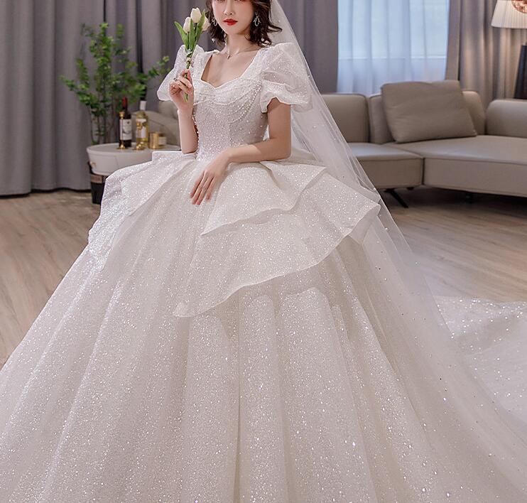 Wedding dress evening dress  bride long sleeves big tail princess wind small cover arm wedding dress women spring