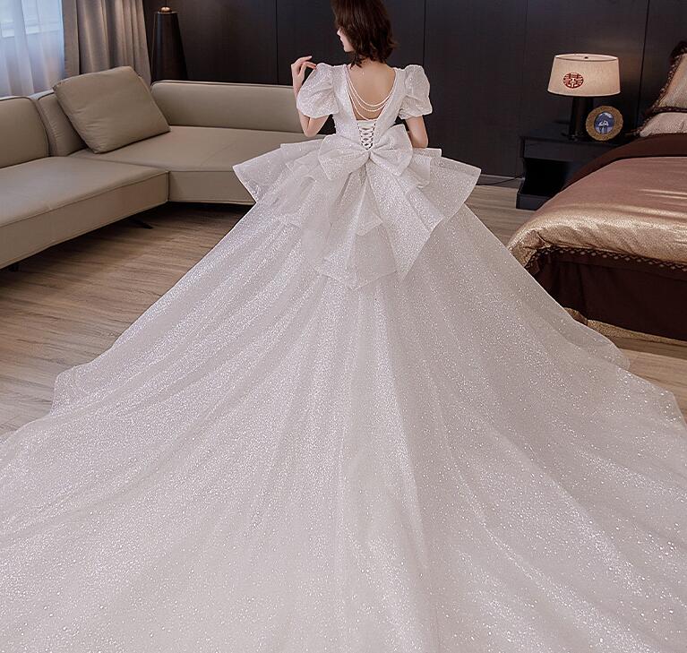 Wedding dress evening dress  bride long sleeves big tail princess wind small cover arm wedding dress women spring