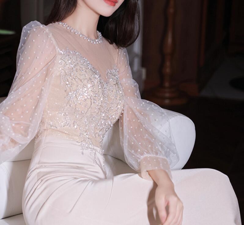 Evening banquet 2022 New spring temperament slim Heavy Industry host fishtail champagne dress dress