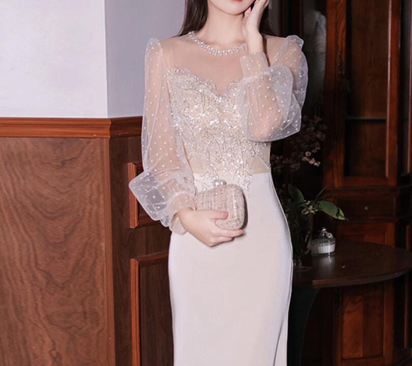 Evening banquet 2022 New spring temperament slim Heavy Industry host fishtail champagne dress dress