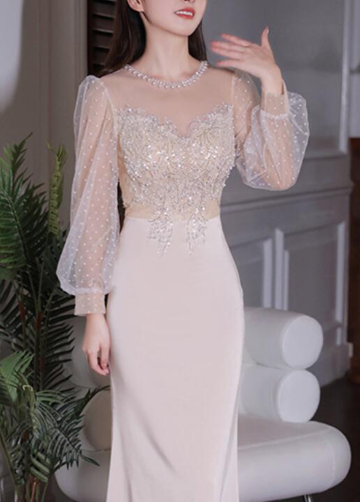 Evening banquet 2022 New spring temperament slim Heavy Industry host fishtail champagne dress dress