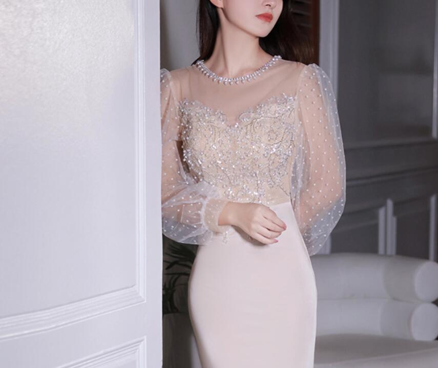 Evening banquet 2022 New spring temperament slim Heavy Industry host fishtail champagne dress dress