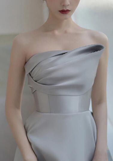 Satin evening dress 2022 new model runway show high-end strapless banquet host grey long dress woman