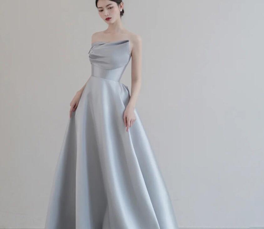 Satin evening dress 2022 new model runway show high-end strapless banquet host grey long dress woman