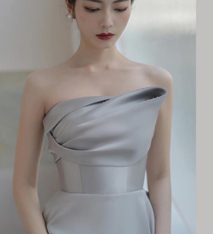 Satin evening dress 2022 new model runway show high-end strapless banquet host grey long dress woman