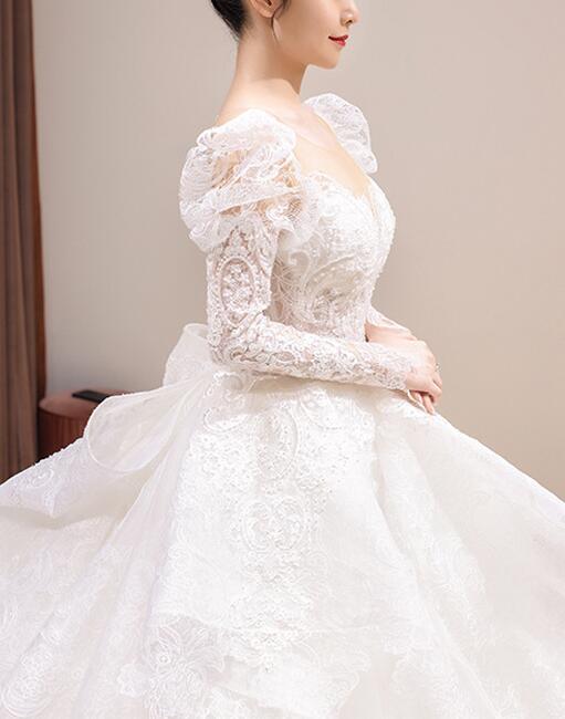 wedding dress white long sleeve lace embroidery bridal veil marry dress