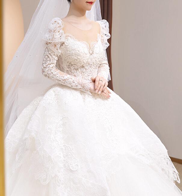 wedding dress white long sleeve lace embroidery bridal veil marry dress