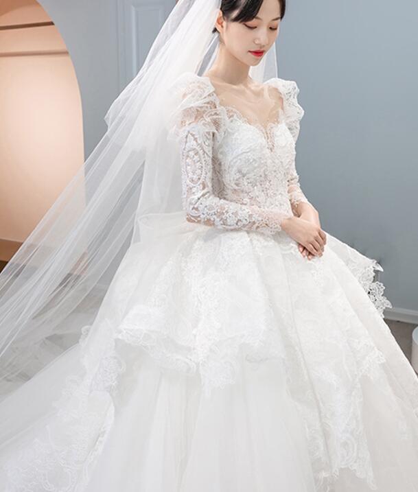 wedding dress white long sleeve lace embroidery bridal veil marry dress