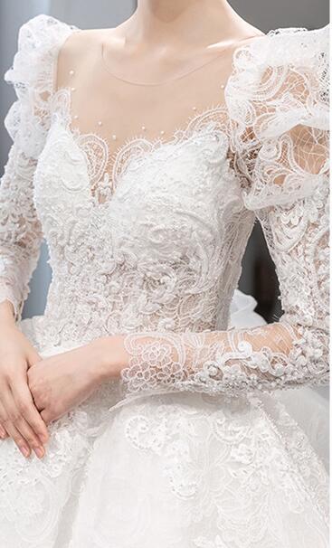 wedding dress white long sleeve lace embroidery bridal veil marry dress