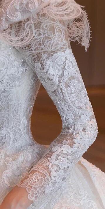 wedding dress white long sleeve lace embroidery bridal veil marry dress