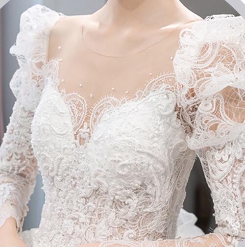 wedding dress white long sleeve lace embroidery bridal veil marry dress