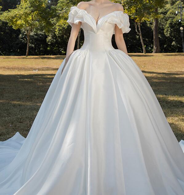 white wedding dress off shoulder satin dress