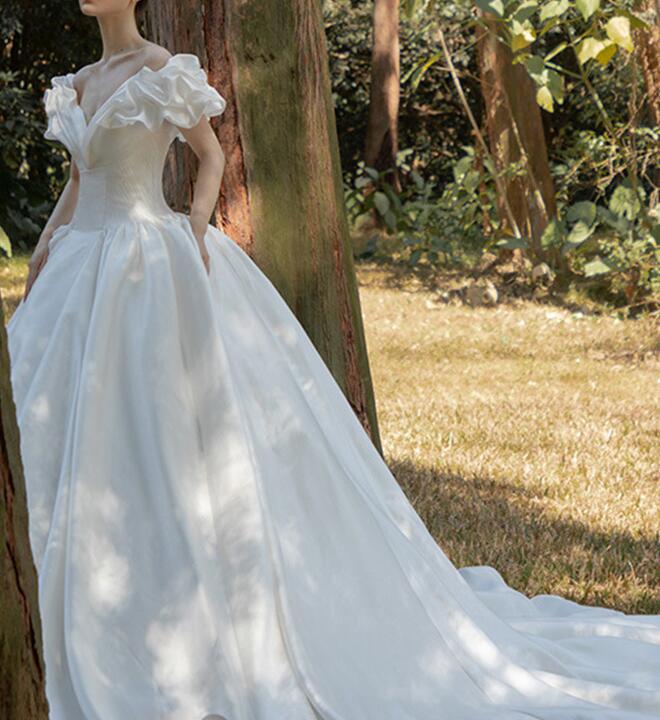 white wedding dress off shoulder satin dress