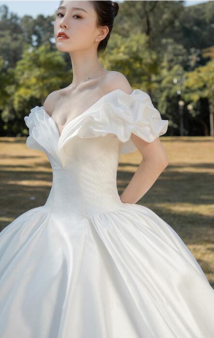 white wedding dress off shoulder satin dress