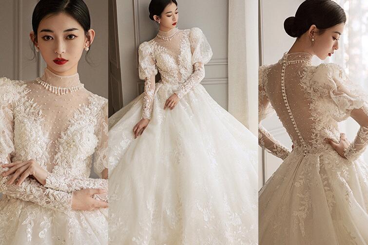 princess dress wedding dress lace Vintage French wedding dress 2022 new bride temperament heavy palace wind wedding dress long sleeves spring