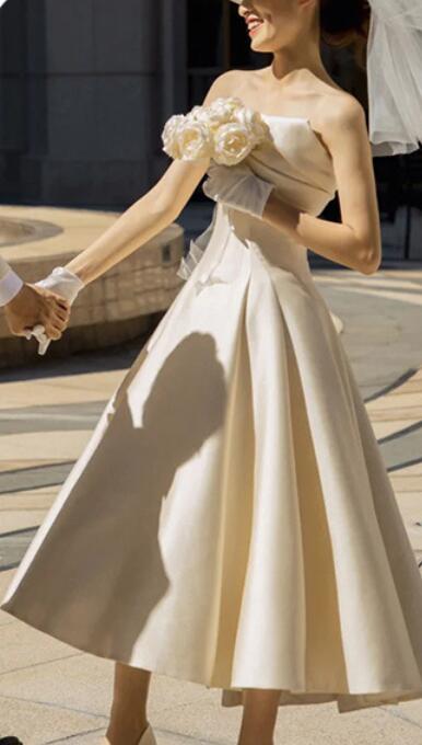 French satin wedding dress 2022 new spring sen department light wedding dress out gauze photo dress women