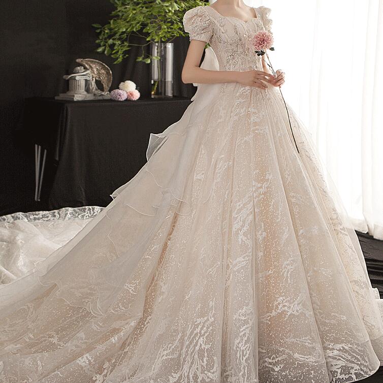 Wedding dress Vintage evening dress  wedding dress 2022 new bride conservative trailing palace Tingherbon Heavy Industry dream simple neat show thin