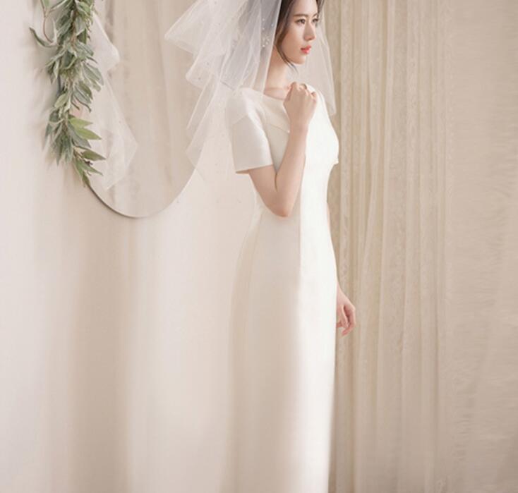 Light wedding dress Korean version 2022 new wedding square collar simple retro travel shoot dress women satin forest even-ground gauze