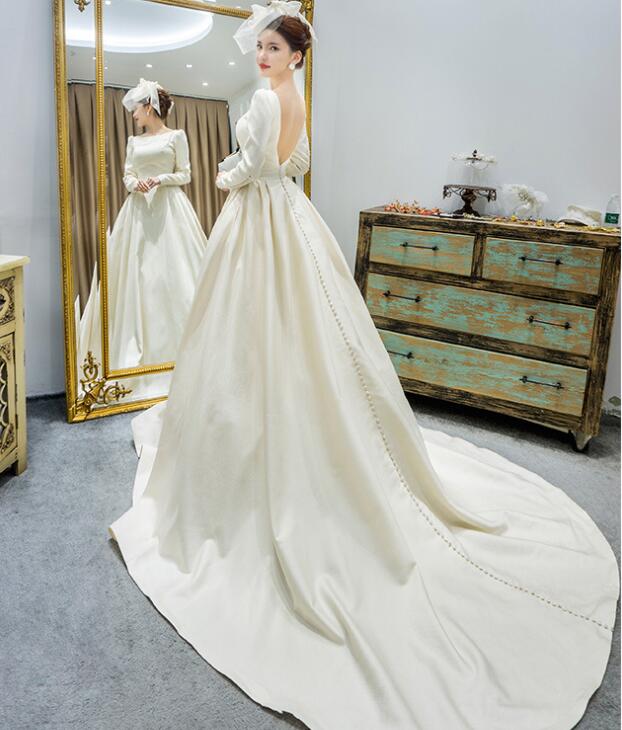 Satin wedding dress new one word shoulder simple long sleeves white trailing back simple fashion elegant atmosphere bride