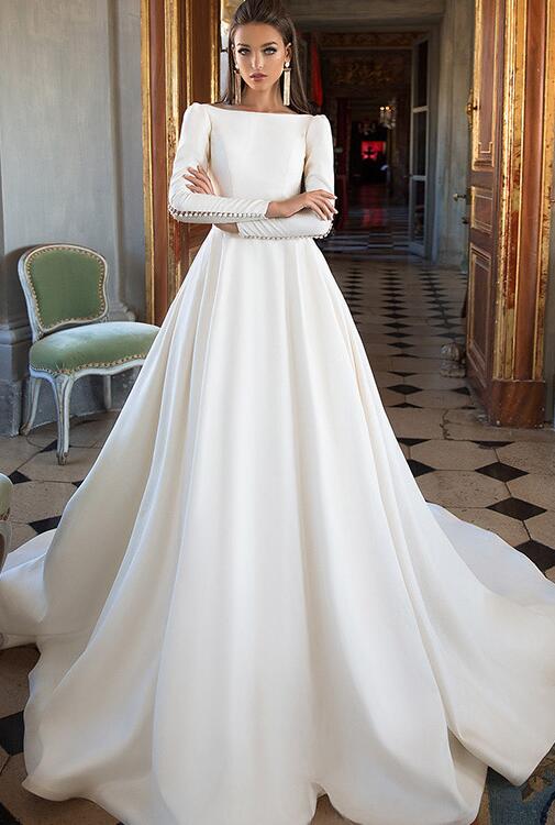 Satin wedding dress new one word shoulder simple long sleeves white trailing back simple fashion elegant atmosphere bride