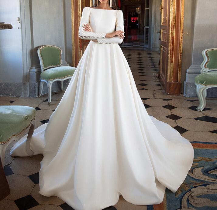 Satin wedding dress new one word shoulder simple long sleeves white trailing back simple fashion elegant atmosphere bride