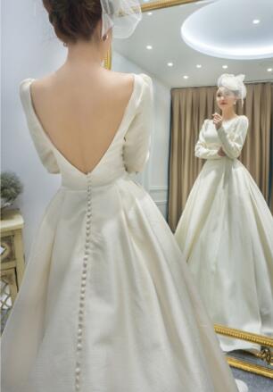 Satin wedding dress new one word shoulder simple long sleeves white trailing back simple fashion elegant atmosphere bride