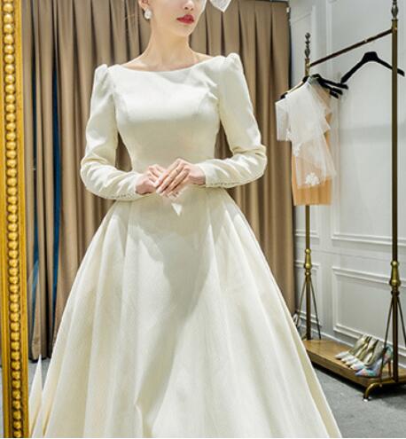 Satin wedding dress new one word shoulder simple long sleeves white trailing back simple fashion elegant atmosphere bride