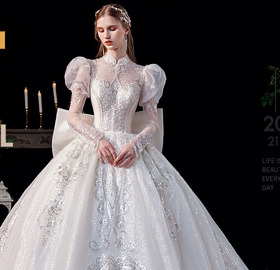 Wedding dress 2022 New spring bride palace style long sleeve French bubble sleeve heavy industry fairy wedding dress