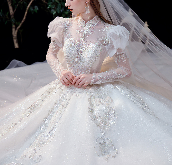 Wedding dress 2022 New spring bride palace style long sleeve French bubble sleeve heavy industry fairy wedding dress