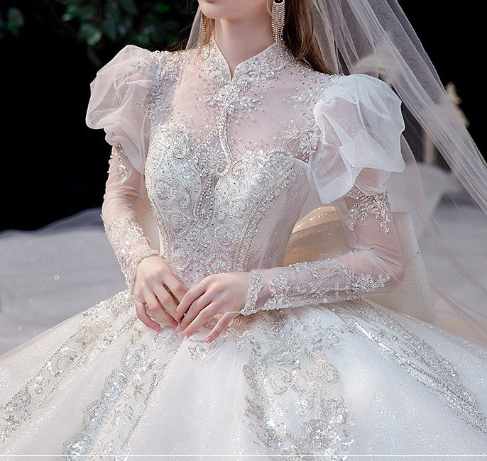 Wedding dress 2022 New spring bride palace style long sleeve French bubble sleeve heavy industry fairy wedding dress