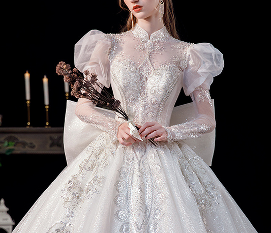 Wedding dress 2022 New spring bride palace style long sleeve French bubble sleeve heavy industry fairy wedding dress