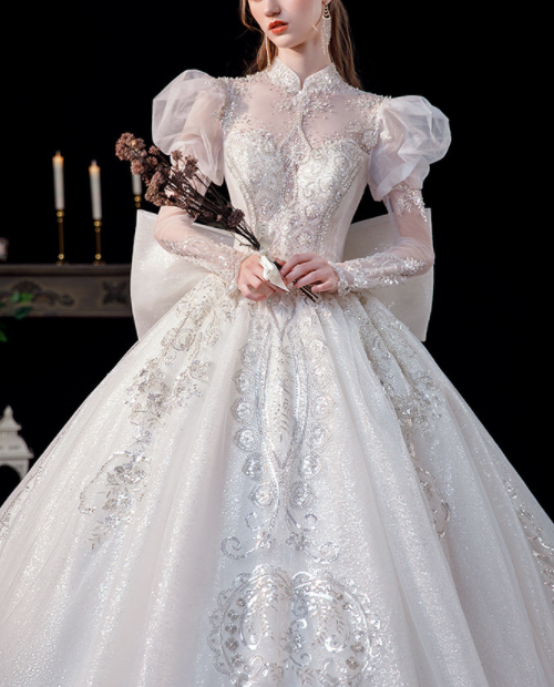 Wedding dress 2022 New spring bride palace style long sleeve French bubble sleeve heavy industry fairy wedding dress