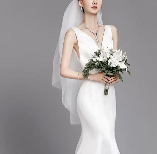 wedding dress bridal veil eveing dress satin dress V-neck satin Light wedding dress 2022 New bride quality Sen Super fairy out gauze French dream dress slimming