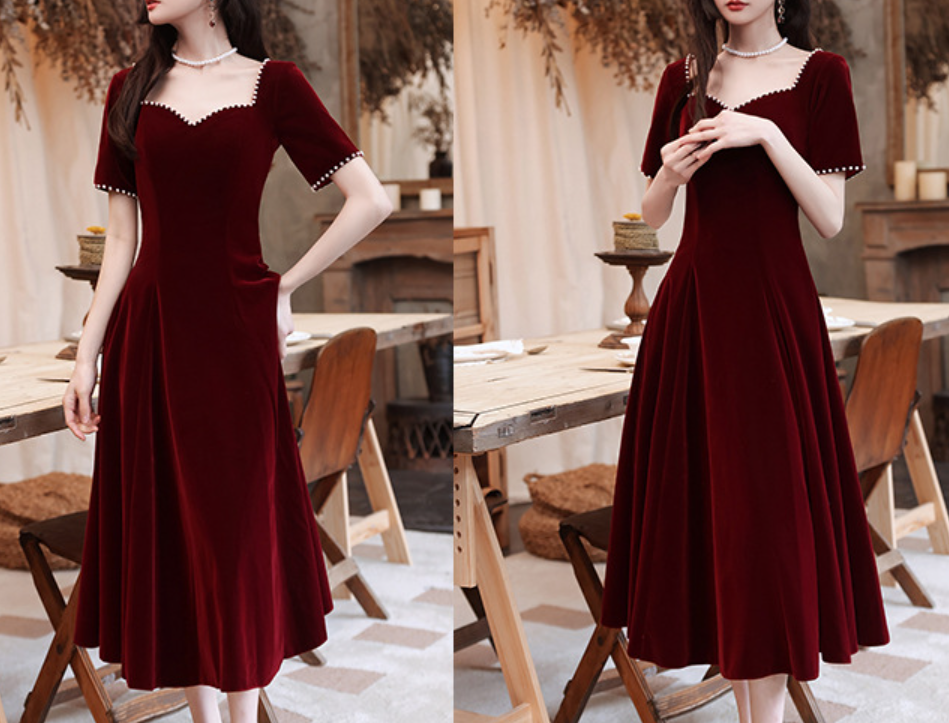 The new winter Burgundy wedding dress can be worn with an engagement dress