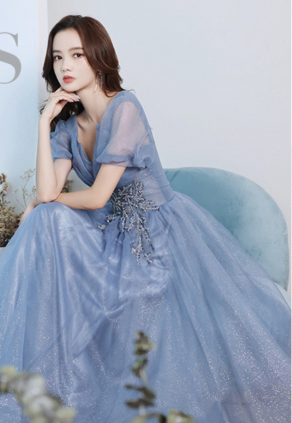 Blue fairy dress evening dress female elegant temperament  long dress annual meeting atmosphere dress