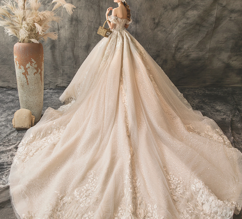 Wedding dress evening dress  one-shoulder wedding dress bride starry sky super fairy dream luxury big tail