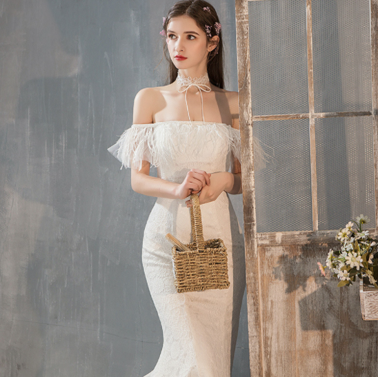 Fishtail evening dressLight wedding dress bride one shoulder French super fairy Hepburn star princess