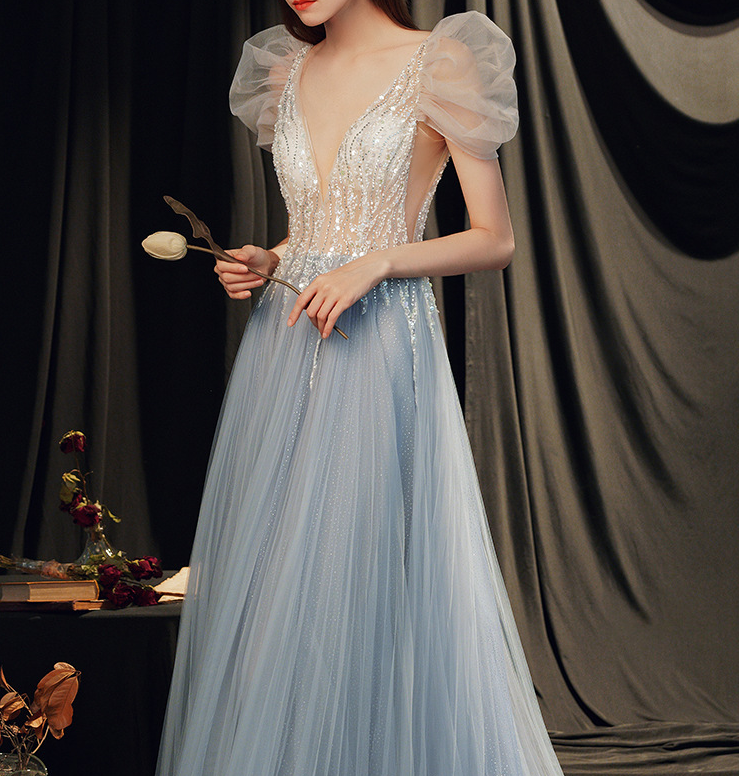 butterfly princess dress light blue Evening dress ladies banquet elegant dress annual meeting host thin long evening dress