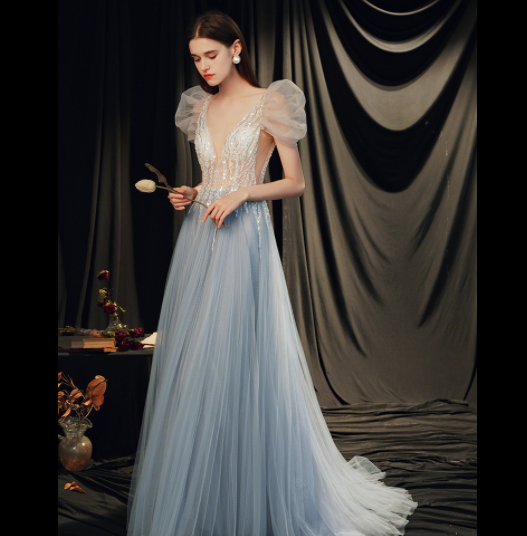 butterfly princess dress light blue Evening dress ladies banquet elegant dress annual meeting host thin long evening dress