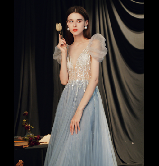 butterfly princess dress light blue Evening dress ladies banquet elegant dress annual meeting host thin long evening dress