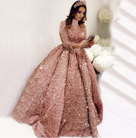 wedding dress  formal dress long sleeve new bride dream sequins party pompous skirt stand collar long sleeve performance evening dress