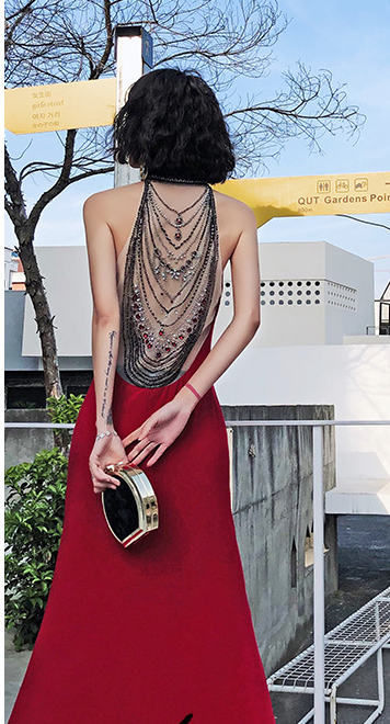 2022 European and American Internet star Douyin sexy backless fishtail bride toasting dress dinner evening dress red