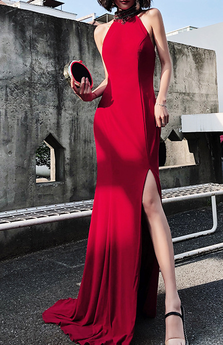 2022 European and American Internet star Douyin sexy backless fishtail bride toasting dress dinner evening dress red